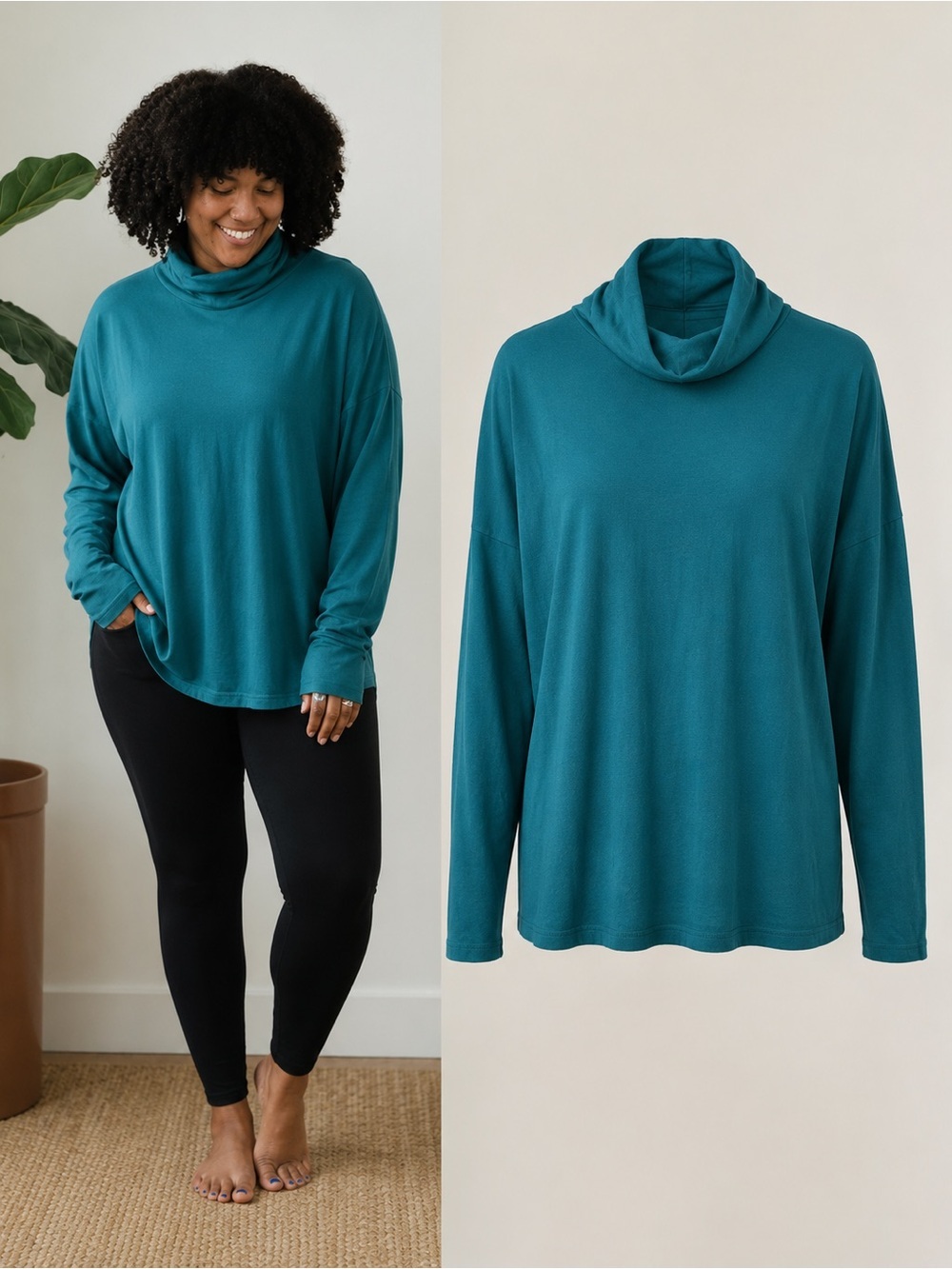 Una Pluma | Teal Linen Organic Cotton Turtleneck Top Oversized Boho | S/M